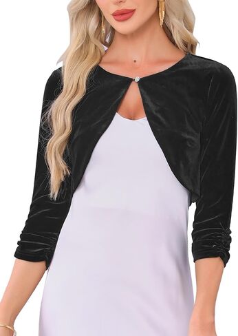 Allegra K Velvet Shrug for Women Crew Neck Ruched 3/4 Sleeves Cocktail Party Cropped Cardigan in Saudi Arabia