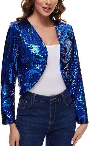 Women's Sequin Shrug Bolero Long Sleeve Collarless Glitter Jackets Sparkly Crop Cardigan in Kuwait