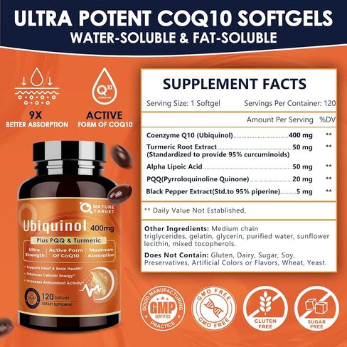 NATURE TARGET Ubiquinol CoQ10 400mg softgels with PQQ & Turmeric, High Absorption Coenzyme Q10 Supplement with ALA & Black Pepper, Antioxidant for Heart & Brain Health, Energy Production, 120 Count in Saudi Arabia