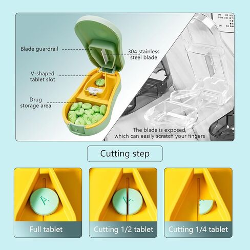 مقسم حبوب الدواء للحبوب الصغيرة والصغيرة، مقسم حبوب الدواء الأخضر للحبوب الصغيرة، سهل الفتح مع واقي شفرة أمان، مناسب للسفر ورحلة العمل (1.96 * 3.54 * 1.02 بوصة) in Kuwait