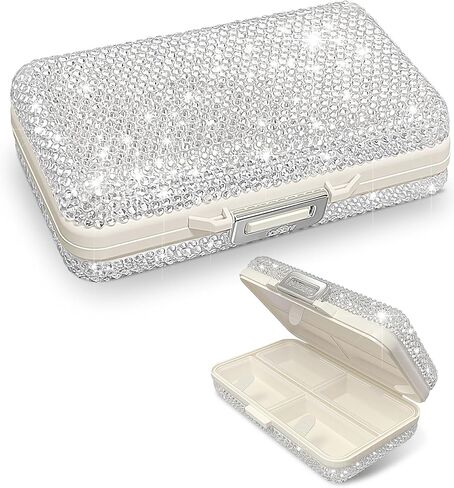 Yivaiks Bling Travel Pill Organizer كريستال حجر الراين 7 مقصورات علبة حبوب منع الحمل المحمولة صندوق حبوب منع الحمل اليومي لعقد الفيتامينات حاوية حبوب منع الحمل الصغيرة لمحفظة الجيب منظم الطب (أبيض) in Kuwait