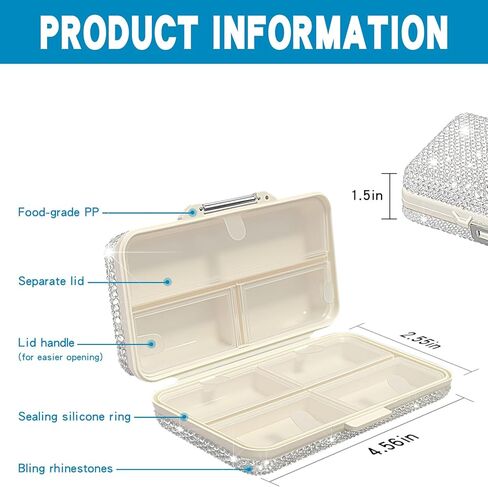 Yivaiks Bling Travel Pill Organizer كريستال حجر الراين 7 مقصورات علبة حبوب منع الحمل المحمولة صندوق حبوب منع الحمل اليومي لعقد الفيتامينات حاوية حبوب منع الحمل الصغيرة لمحفظة الجيب منظم الطب (أبيض) in Kuwait