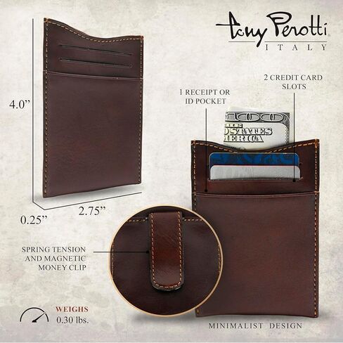 Tony Perotti Italian Leather Men's Money Clip Wallet With Pocket - Magnetic Money Clip Outside and Credit Card Slots - Eco-Friendly Tanned Full Grain Leather Wallet Made in Italy in Saudi Arabia