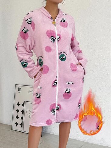 Women Thickened Robe, Long Sleeve Zipper Cozy Winter Loungewear Home Wear Pocket Design Warm Dressing Relaxed Fit Sleepwear in Saudi Arabia