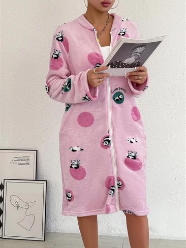 Women Thickened Robe, Long Sleeve Zipper Cozy Winter Loungewear Home Wear Pocket Design Warm Dressing Relaxed Fit Sleepwear in Saudi Arabia