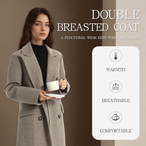 Women's Double Breasted Pea Coat Faux Wool Slim Winter Mid-Long in Saudi Arabia