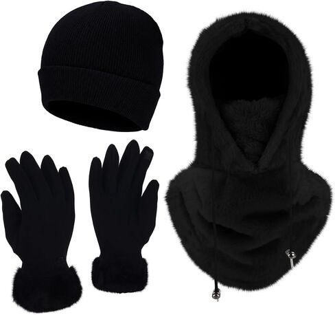4 Pcs Ski Mask Fleece Balaclava and Hat for Women Men Touchscreen Gloves Winter Windproof Set for Outdoor Gift in Saudi Arabia