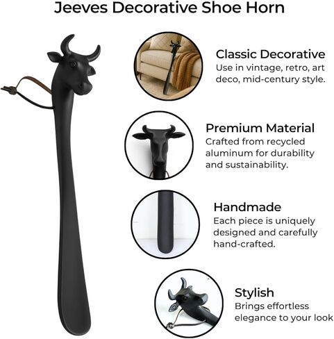 لبيسة بقرة طويلة مقاس 22 بوصة من جيفز - ألومنيوم أسود غير لامع - لبيسة حذاء معدنية مزخرفة لغرفة نوم الرجال أو المدخل - هدية عملية مصنوعة يدويًا in Kuwait