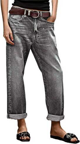 Flamingals Straight Leg Jeans for Women Boyfriend Mid Rise Roll Hem Wash Cropped Denim Pants Without Belt in Saudi Arabia
