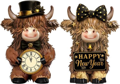 2 Pcs Happy New Year Highland Cow Figurines Decor New Year Cow Gnomes Gifts Resin Statue Calf Lovers Gifts for Farmhouse Home Garden Bathroom Kitchen Office Tiered Tray Table Decor in Saudi Arabia