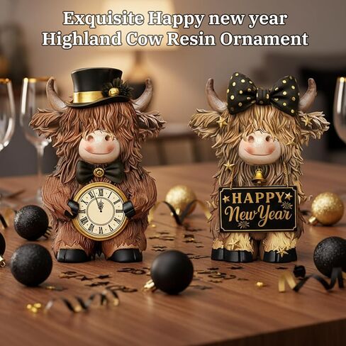 2 Pcs Happy New Year Highland Cow Figurines Decor New Year Cow Gnomes Gifts Resin Statue Calf Lovers Gifts for Farmhouse Home Garden Bathroom Kitchen Office Tiered Tray Table Decor in Saudi Arabia