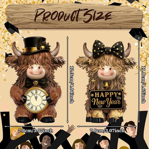 2 Pcs Happy New Year Highland Cow Figurines Decor New Year Cow Gnomes Gifts Resin Statue Calf Lovers Gifts for Farmhouse Home Garden Bathroom Kitchen Office Tiered Tray Table Decor in Saudi Arabia