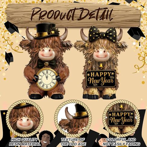 2 Pcs Happy New Year Highland Cow Figurines Decor New Year Cow Gnomes Gifts Resin Statue Calf Lovers Gifts for Farmhouse Home Garden Bathroom Kitchen Office Tiered Tray Table Decor in Saudi Arabia