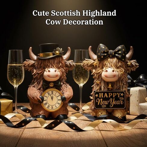 2 Pcs Happy New Year Highland Cow Figurines Decor New Year Cow Gnomes Gifts Resin Statue Calf Lovers Gifts for Farmhouse Home Garden Bathroom Kitchen Office Tiered Tray Table Decor in Saudi Arabia