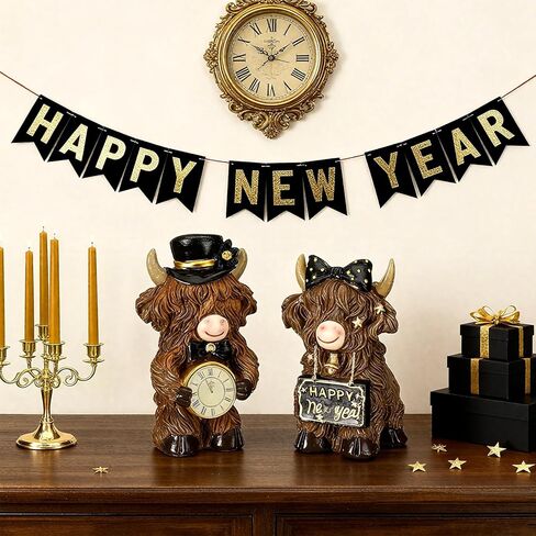 2 Pcs Happy New Year Highland Cow Figurines Decor New Year Cow Gnomes Gifts Resin Statue Calf Lovers Gifts for Farmhouse Home Garden Bathroom Kitchen Office Tiered Tray Table Decor in Saudi Arabia