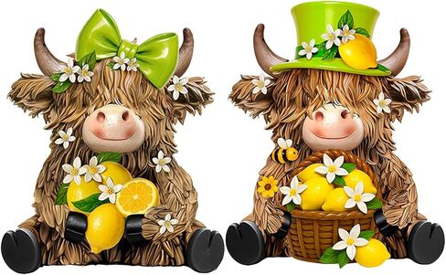 2 Pcs Happy New Year Highland Cow Figurines Decor New Year Cow Gnomes Gifts Resin Statue Calf Lovers Gifts for Farmhouse Home Garden Bathroom Kitchen Office Tiered Tray Table Decor in Saudi Arabia