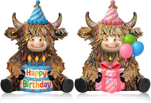 2 Pcs Happy New Year Highland Cow Figurines Decor New Year Cow Gnomes Gifts Resin Statue Calf Lovers Gifts for Farmhouse Home Garden Bathroom Kitchen Office Tiered Tray Table Decor in Saudi Arabia