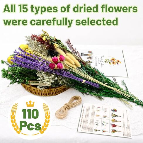 باقة زهور مجففة 110 قطعة - مجموعة زهور محفوظة من 15 نوعًا مع 12 بوصة لافندر وأوكالبتوس وذيول أرنب وورود مجففة لديكور المنزل وحفلات الزفاف وحرف الهدايا والمزهرية وتشكيلة الزهور المصنوعة يدويًا in Kuwait