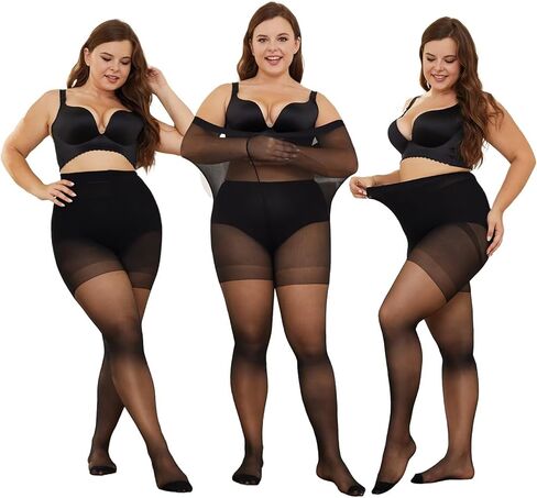 YAGAXI Plus Size Tights for Women, 20D Black High Waist Ultra Thin Pantyhose, Women's Sheer Tights with Control Top, 3 Pairs in Kuwait