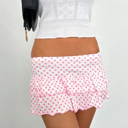 Women Y2k Ruffle Mini Skirt Low Waist Polka Dot Pleated A Line Short Skirt Boho Summer Beach Skirts in Saudi Arabia