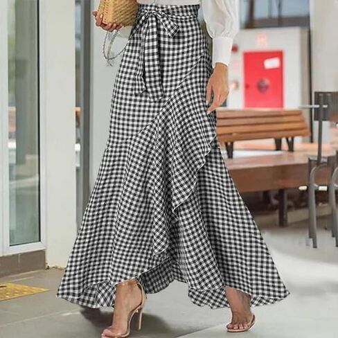 Women's Casual Plaid Mermaid Maxi Skirt A Line Irregular Ruffle Hem Fishtail Long Skirt Spring in Saudi Arabia