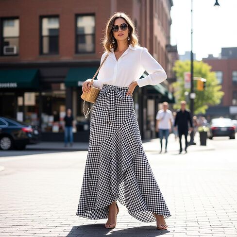 Women's Casual Plaid Mermaid Maxi Skirt A Line Irregular Ruffle Hem Fishtail Long Skirt Spring in Saudi Arabia