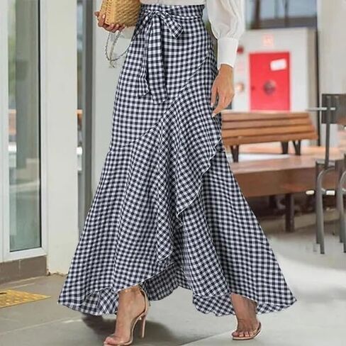 Women's Casual Plaid Mermaid Maxi Skirt A Line Irregular Ruffle Hem Fishtail Long Skirt Spring in Saudi Arabia