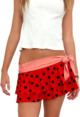 Women Y2k Ruffle Mini Skirt Low Waist Polka Dot Pleated A Line Short Skirt Boho Summer Beach Skirts in Saudi Arabia