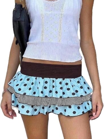 Women Y2k Ruffle Mini Skirt Low Waist Polka Dot Pleated A Line Short Skirt Boho Summer Beach Skirts in Saudi Arabia