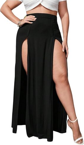 WDIRARA Women's Plus Size Double Slit Maxi Skirt High Waisted Flowy Long Split Skirts in Saudi Arabia