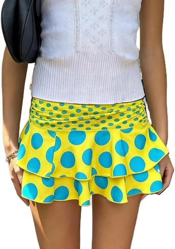 Women Y2k Ruffle Mini Skirt Low Waist Polka Dot Pleated A Line Short Skirt Boho Summer Beach Skirts in Saudi Arabia