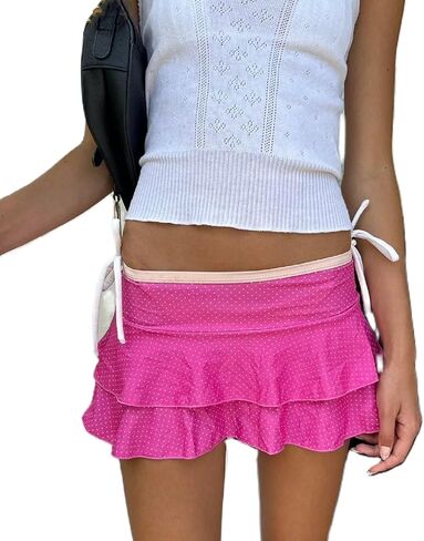 Women Y2k Ruffle Mini Skirt Low Waist Polka Dot Pleated A Line Short Skirt Boho Summer Beach Skirts in Saudi Arabia