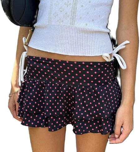 Women Y2k Ruffle Mini Skirt Low Waist Polka Dot Pleated A Line Short Skirt Boho Summer Beach Skirts in Saudi Arabia