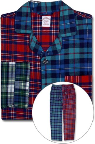 Brooks Brothers Mens Flannel Cotton Two Piece Pajama Shirt and Elast Pants Lounge Set, (Large, 201447 Red/Navy Plaid) in Kuwait