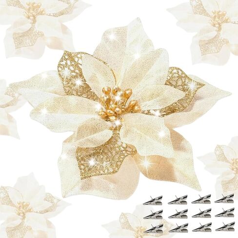 24 Pcs Christmas Poinsettia Flowers Artificial with Clips, 5.9" Christmas Decor Glitter Poinsettia Flowers for Christmas Tree New Year Wedding Party Wreath DIY Garland Decor (Gold) in Saudi Arabia