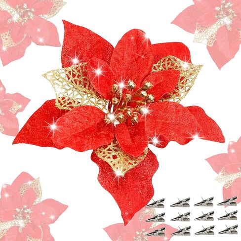 24 Pcs Christmas Poinsettia Flowers Artificial with Clips, 5.9" Christmas Decor Glitter Poinsettia Flowers for Christmas Tree New Year Wedding Party Wreath DIY Garland Decor (Gold) in Saudi Arabia