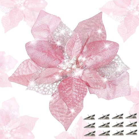 24 Pcs Christmas Poinsettia Flowers Artificial with Clips, 5.9" Christmas Decor Glitter Poinsettia Flowers for Christmas Tree New Year Wedding Party Wreath DIY Garland Decor (Gold) in Saudi Arabia