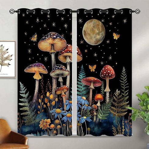 Mushroom Blackout Curtains for Bedroom Living Room, Fantasy Fairy Witchy Botanical Decor Drapes, Gothic Enchanted Forest Window Treatment with Grommet Thermal Insulated Panels, 42 x 45 Inch in Saudi Arabia