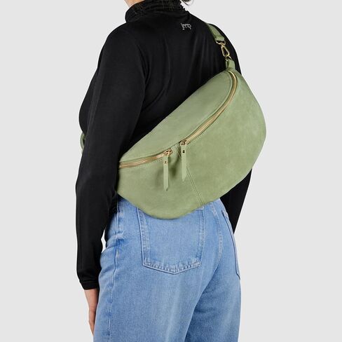 حقيبة كروس من جلد الغزال الإيطالي الأصلي للنساء بسحاب وحزام قابل للفصل | حزمة فاني كبيرة لحمل الصدر أثناء السفر (موس) in Kuwait