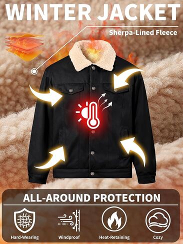 Men's Sherpa Jacket Fleece Lined Cotton Winter Cargo Coat Thick Thermal Warm Trucker Jacket with Multi Pockets in Saudi Arabia