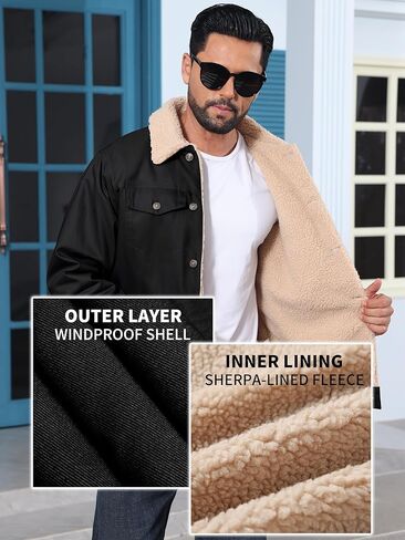 Men's Sherpa Jacket Fleece Lined Cotton Winter Cargo Coat Thick Thermal Warm Trucker Jacket with Multi Pockets in Saudi Arabia