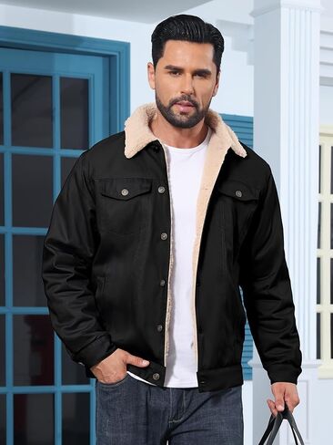 Men's Sherpa Jacket Fleece Lined Cotton Winter Cargo Coat Thick Thermal Warm Trucker Jacket with Multi Pockets in Saudi Arabia