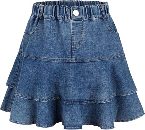 Happy Cherry Girls Denim Ruffle Skirts Kids Elastic Waist A Line Mini Flared Pleated Jean Skirts with Shorts Age 4-13 in Saudi Arabia