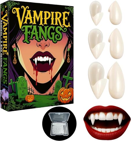 Vampire Teeth, 3 Sizes Realistic Vampire Fangs for Adults, Vampire Costume Accessories Cosplay Fake Fangs for Women Men Halloween Party, Better Fit with Upgraded Adhesive in Saudi Arabia
