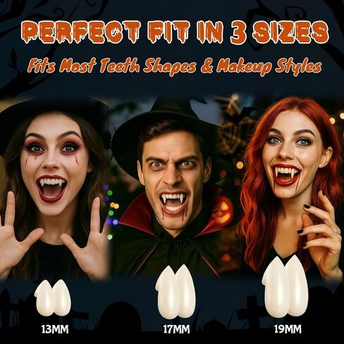 Vampire Teeth, 3 Sizes Realistic Vampire Fangs for Adults, Vampire Costume Accessories Cosplay Fake Fangs for Women Men Halloween Party, Better Fit with Upgraded Adhesive in Saudi Arabia