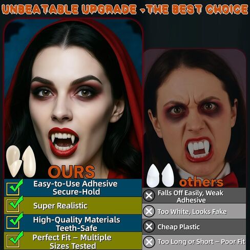 Vampire Teeth, 3 Sizes Realistic Vampire Fangs for Adults, Vampire Costume Accessories Cosplay Fake Fangs for Women Men Halloween Party, Better Fit with Upgraded Adhesive in Saudi Arabia