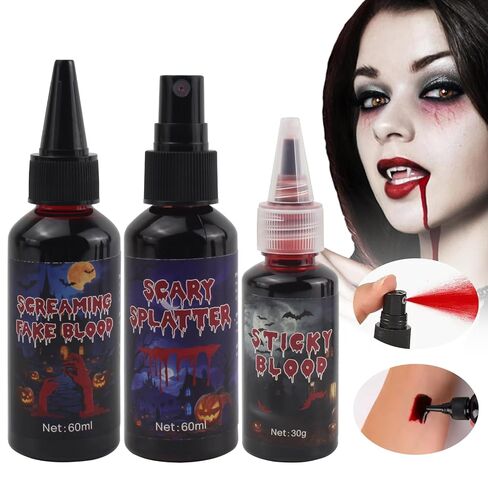 VOLLUCK Halloween Makeup kit - Fake Blood Washable + Liquid Latex + Scar Wax with Spatula Tool + Fake Blood Spray + 2 Stipple Sponge (A-3 pieces) in Saudi Arabia