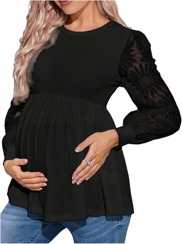 MakeMeChic قمصان الأمومة النسائية طاقم الرقبة قمم الدانتيل الجاكار كم طويل كشكش بلوزة الملابس in Kuwait