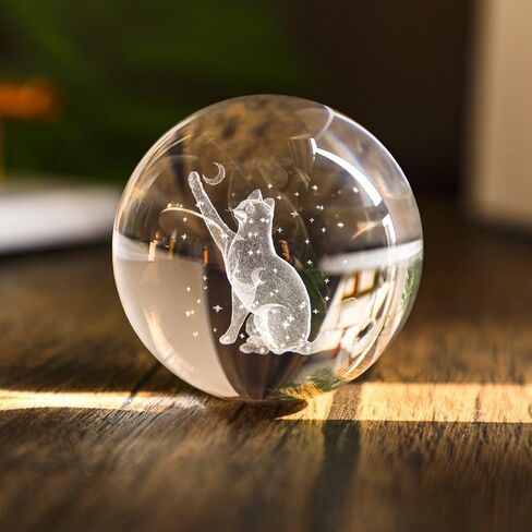 Crystal Ball with Warm White Light Base 3D Carved Cat Sphere for Cat Lovers 2.36 Inch in Saudi Arabia