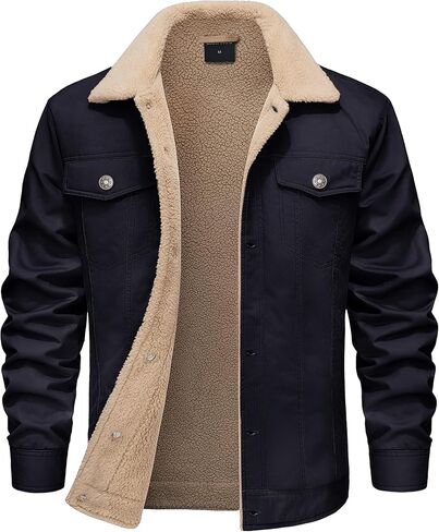 Men's Sherpa Jacket Fleece Lined Cotton Winter Cargo Coat Thick Thermal Warm Trucker Jacket with Multi Pockets in Saudi Arabia